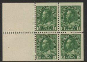 1922 Canada SG.247aa 2c deep green.  booklet pane of 4 + 2 labels  M/M