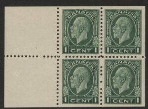 1933 Canada SG.319b 1c green. booklet pane of 4 + 2 labels M/M