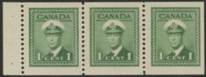 1942 Canada SG.394a 1c green. booklet pane of 3 U/M (MNH)