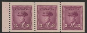 1942 Canada SG.395a 3c purple. booklet pane of 3 U/M (MNH)