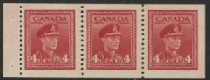 1942 Canada SG.396a 4c carmine-lake. booklet pane of 3 U/M (MNH)