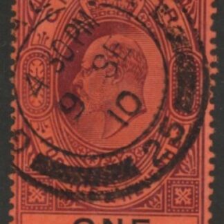 1908 Gibraltar SG.64  £1 deep purple & black/red. watermark multi crown CA. fine used
