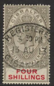 1912 Gibraltar SG.83  4/- black & carmine. watermark multi crown CA. Vfu.