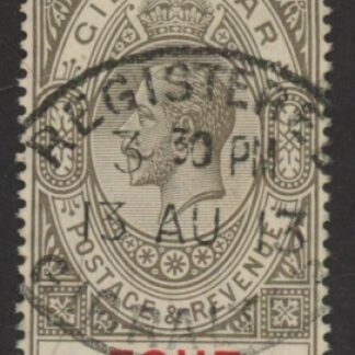 1912 Gibraltar SG.83  4/- black & carmine. watermark multi crown CA. Vfu.