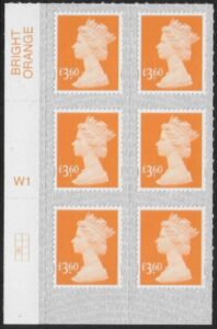 U2971 £3.60 yellow-orange  M19L cyld. W1 grid position R3 C1  SBP s/L  Walsall  U/M (MNH)