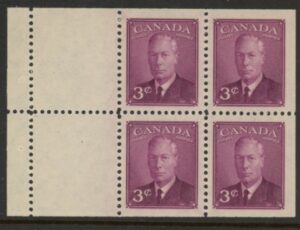 1949 Canada SG.416a 3c purple booklet pane of 4 + 2 labels U/M (MNH)