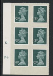 U2914 £2.00 deep blue-green  MAIL cyld. no source or date code.D1 grid position R1 C1 SBP plain  DLR  U/M (MNH)