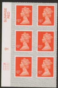 U2937  £1.17 orange-red 2B  M17L Cyld. D1  grid position  R1 C1 SBP L/s  DLR  U/M (MNH)