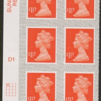 U2937  £1.17 orange-red 2B  M17L Cyld. D1  grid position  R1 C1 SBP L/s  DLR  U/M (MNH)