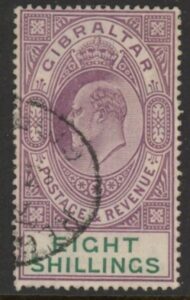 1911 Gibraltar. SG.74 KEVII. 8/- purple & green. Wmk. multi crown CA fine used.