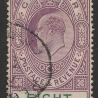 1911 Gibraltar.  SG.74 KEVII.  8/- purple & green. Wmk. multi crown CA fine used.
