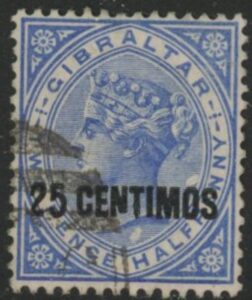 1889 Gibraltar. SG.18b QV. 25c on 2½d bright blue. variety 'broken N' fine used.