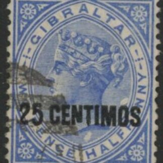 1889 Gibraltar.  SG.18b QV. 25c  on 2½d bright blue. variety 'broken N' fine used.