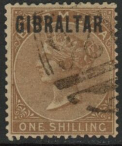 1886 Gibraltar. SG.7 1/- yellow-brown fine used.