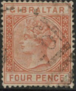 1887 Gibraltar. SG.12 4d orange-brown. fine used.