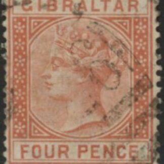 1887 Gibraltar.  SG.12  4d orange-brown. fine used.