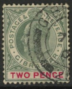 1905 Gibraltar. SG.58 2d grey-green & carmine, wmk multi crown CA. . fine used.
