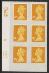 U2931  88p yellow 2B  MA13  cyld.  D1  grid position R2 C2  DLR U/M (MNH)