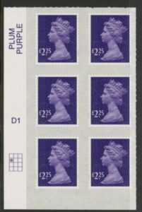 U2957 £2.25  deep violet  M16L cyld. D1 grid position R2 C1 SBP plain  DLR U/M (MNH)