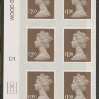 U2934 £1 bistre brown 2B  M16L  cyld. D1  grid position R2 C2   SBP  plain DLR  U/M (MNH)