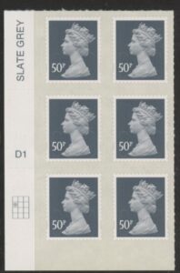 U2925  50p 2B  slate M12L  Cyld.  D1  grid position  R2 C1   DLR  U/M (MNH)