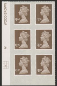 U2934 £1 bistre brown 2B M14L cyld. D1 grid position R3 C2 SBP plain DLR U/M (MNH)