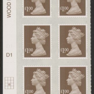 U2934 £1 bistre brown 2B  M14L  cyld. D1  grid position R3 C2   SBP plain DLR  U/M (MNH)