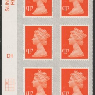 U2937  £1.17 orange-red M17L  cyld. D1 grid position R2 C1  SBP 'faint'  s/L  DLR U/M (MNH)