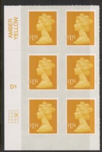 U2940  £1.33  yellow  'M16L'  cylinder D1 grid R2 C3 SBP plain DLR   U/M  (MNH)