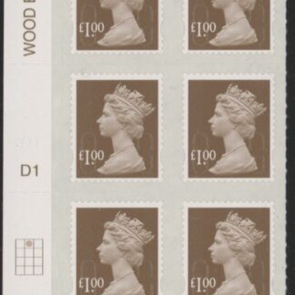 U2934 £1 bistre brown 2B  M16L  cyld. D1  grid position R1 C2   SBP  plain  DLR  U/M (MNH)