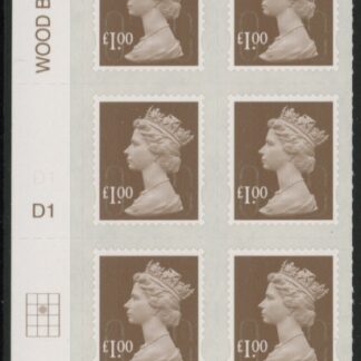 U2934 £1 bistre brown 2B  M16L  cyld. D1  grid position R2 C2   SBP  plain  DLR  U/M (MNH)