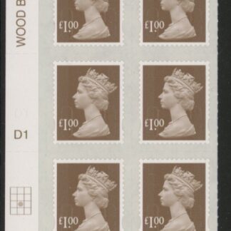 U2934 £1 bistre brown 2B  M14L  cyld. D1  grid position R3 C2   SBP  plain  DLR  U/M (MNH)