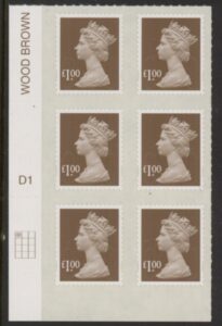 U2934 £1 bistre brown 2B  M12L  cyld. D1  grid position R1 C1   SBP  plain  DLR  U/M (MNH)