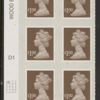U2934 £1 bistre brown 2B  M12L  cyld. D1  grid position R1 C1   SBP  plain  DLR  U/M (MNH)