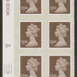 U2934 £1 bistre brown 2B  M12L  cyld. D1  grid position R4 C2   SBP  plain  DLR  U/M (MNH)