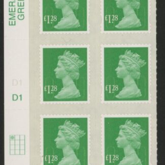U2939 £1.28 green M12L cyld. D1 grid position R1 C1  SBP  plain DLR U/M (MNH)