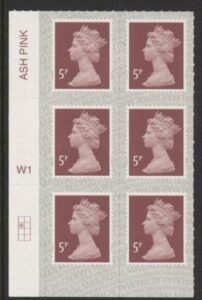 U2922 5p dull red brown M19L Cyl. W1  grid position  R2  C1  SBP  T2 L/s  Walsall/ISP U/M (MNH)