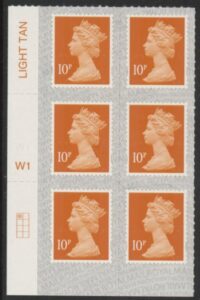 U2923  10p dull orange 2B  M21L  cyld. W1  grid position R1  C1 SBP  s/L  Walsall  U/M (MNH)