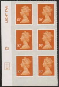 U2923 10p dull orange 2B M16L cyld. D2 grid position R4 C2 SBP plain. DLR U/M (MNH)