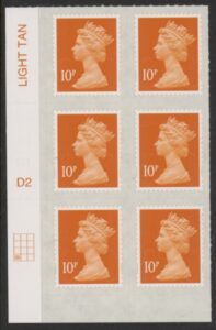 U2923 10p dull orange M15L Cyld D2 grid position R4 C1 (plain backing)DLR U/M (MNH)
