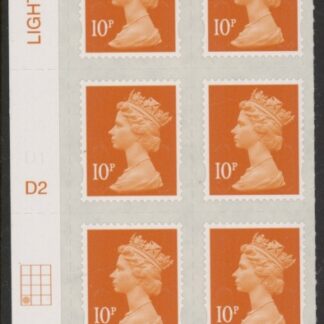U2923 10p dull orange M15L Cyld D2  grid position R4 C1  (plain backing)DLR U/M (MNH)
