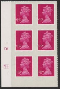 U2933 £1 magenta 2B  M12L  cyld. D1  grid position R1 C1   SBP plain DLR  U/M (MNH)
