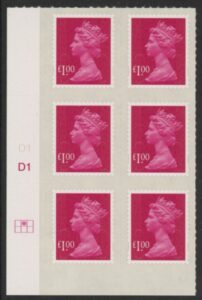 U2933 £1 magenta 2B  M12L  cyld. D1  grid position R1 C2   SBP plain DLR  U/M (MNH)