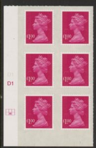 U2933 £1 magenta 2B  M12L  cyld. D1  grid position R2 C2   SBP plain DLR  U/M (MNH)