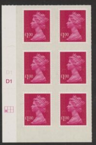 U2933 £1 magenta 2B  M11L  cyld. D1  grid position R2 C1   SBP plain DLR  U/M (MNH)