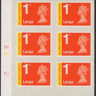 U3046 1st Large 'Recorded'  Cyld D1 x 3 MAIL    grid  R1 C1  DLR U/M (MNH)