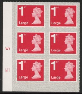 U3003  1st Large brt. scarlet.  M19L  cyld. W1  grid position R2  C1 SBP  s/L  Walsall  U/M (MNH)