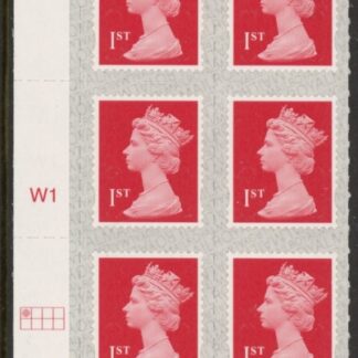 U2998  1st brt scarlet 2B  M19L  SBP  s/L   Cyld. W1  grid position  R1 C1 Walsall  U/M (MNH)