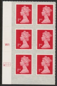 U2998  1st brt scarlet 2B  M18L  SBP (faint) s/L   Cyld. W1  grid position  R2 C1  Walsall  U/M (MNH)