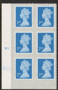 U2995  2nd blue CB  M18L  Cyld. W1  SBP s/L   grid position  R1 C1   Walsall  U/M (MNH)